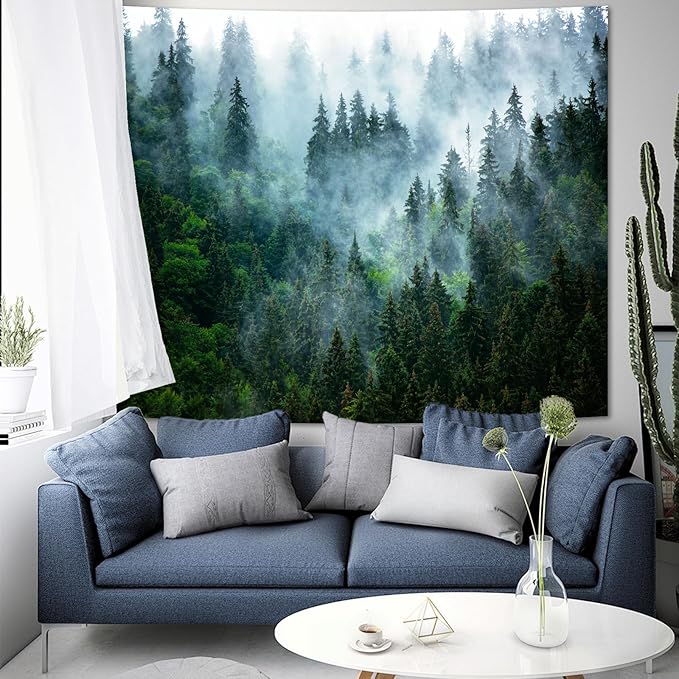 Atrippy Misty Forest Tapestry for Bedroom, Nature Mist Foggy Landscape Wall Tapestry Hanging, Green Trees Wall Art Vintage Retro Room Decor for Living Room College Dorm 51x60 Inches