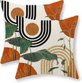 Boho Orange Pillow Covers 18x18 Set of 2 Green Gold Leaf Tropical Mid Century Throw Pillows Outdoor Bohemian Modern Decorative Pillowcase Farmhouse Linen Cushion Case for Couch Sofa Decor