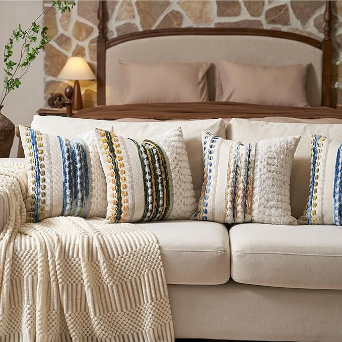 Aeckself Boho Chenille Tufted Throw Pillow Covers 18x18 Inch Set of 2, Farmhouse Decorative Striped Square Pillow Covers Accent Neutral Pillowcase for Living Room Couch Bed, Caramel Brown