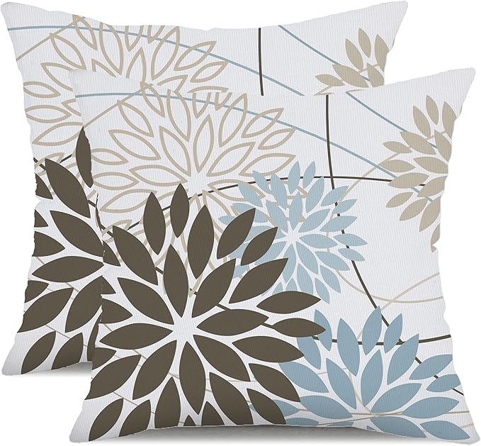 DFXSZ Brown Blue Flower Pillow Covers 18x18 Inch Set of 2 Summer Outdoor Waterproof Decor for Home Patio Funiture Garden Living Room Modern Art Floral Polyester Square Cushion Cover 01F18