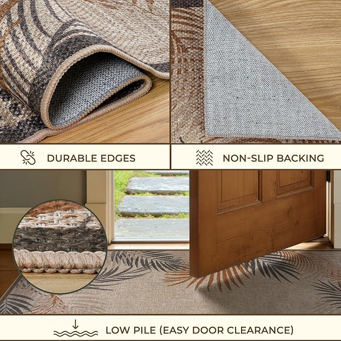 LIVEBOX Modern Easy Jute 5x7 Outdoor Rug, Washable Area Rugs for Living Room Patio Tropical Leaf Indoor Outdoor Rug, Boho Farmhouse Non Slip Carpet for Backyard Foyer Dining Room(Beige, 5'x7')