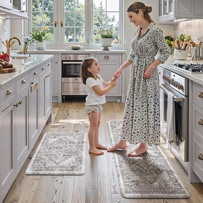KIMODE Anti Fatigue Kitchen Mats, 2 PCS Cushioned Kitchen Rugs and Mats, Waterproof Kitchen Floor Mats Non Slip, Boho Comfort Foam Standing Mat for Laundry, Office, Sink, Grey Brown 17"x47"+17"x29"