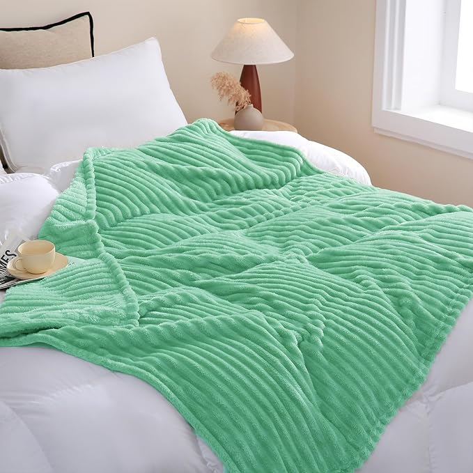 Mint Green Fleece Throw Blanket 60”×80” for Couch Sofa Bed,Super Soft Cozy Plush Microfiber Flannel Blanket with Stripes Design Lightweight for Adults,Woman,Girls
