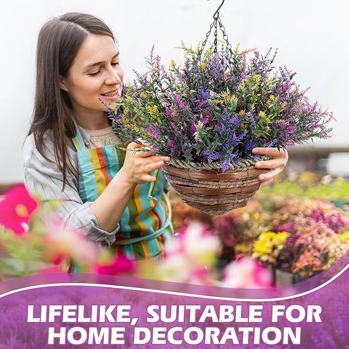 2 Sets Artificial Lavender Flowers with Hanging Basket for Outdoor Indoor Artificial Faux Hanging Flowers Plants Rattan Lining for Porch Garden Yard Spring Summer Decor(Colorful)