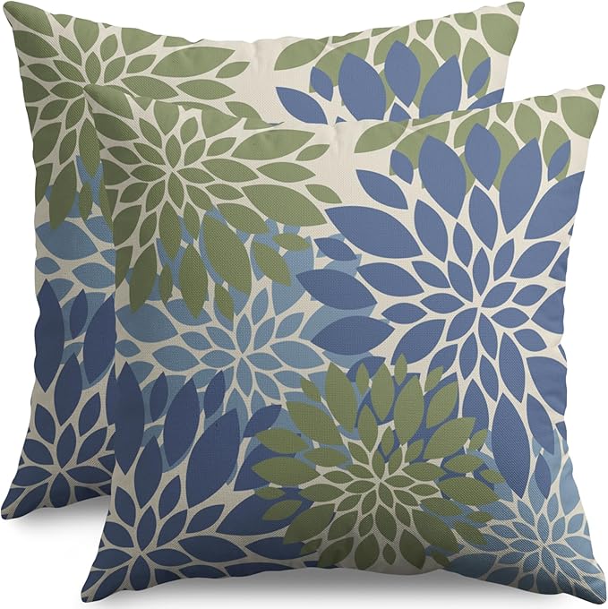 Blue Green Pillow Covers 24X24 Inch Set of 2, Spring Summer Floral Dahlia Flower Cream Decorative Throw Pillow Covers Outdoor Modern Farmhouse Cushion Case for Home Couch Sofa Bed Decor