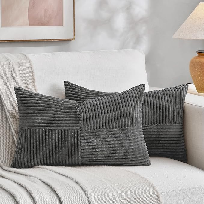 Fancy Homi 2 Packs Dark Gray Long Lumbar Decorative Throw Pillow Covers 12x24 Inch for Couch Bed Sofa, Rustic Farmhouse Boho Home Decor, Soft Striped Corduroy Rectangle Accent Cushion Case 30x60 cm