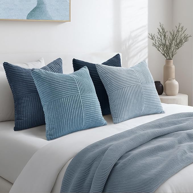 Topfinel NavyBlue Decorative Throw Pillow Covers,24x24 Pillow Covers Set of 4 with Striped Corduroy,Boho Soft Accent Cushion Covers for Couch,Bed,Living Room Home Decor