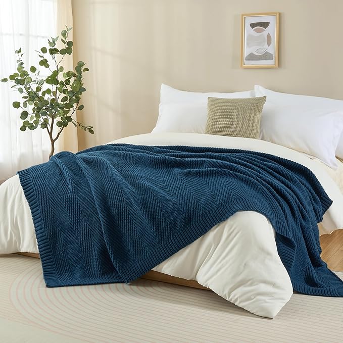 Knitted Throw Blanket 60"X80", Navy Blue Knit Throws for Bed, Super Soft Boho Chevron Blankets for Couch Sofa Chair Room Decor, Textured Decorative Farmhouse Cozy Lightweight