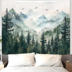 Zussun Misty Forest Mountain Tapestry Sage Green Nature Pine Tree Tapestry for Bedroom Aesthetic Watercolor Foggy Woodlands Birds Landscape Tapestries Wall Hanging for Living Room Dorm 90 x 68 Inch