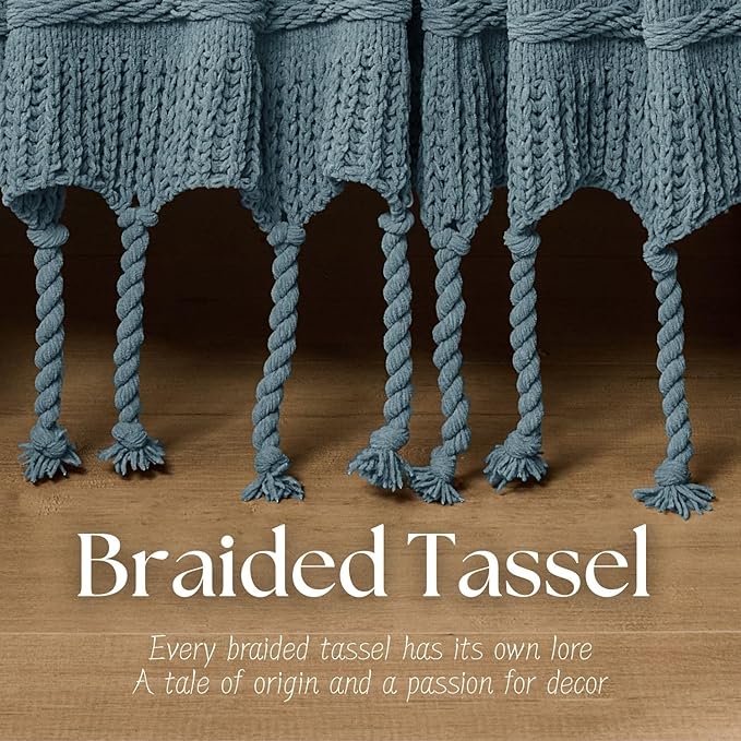 Boho Knitted Chenille Blanket with Tassels - Lightweight & Soft All-Season Throw - 3D Classic Pattern for Living Room Bedroom Couch, Celestial Blue, Throw 50"x60"