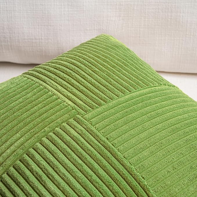 Fancy Homi Set of 2 Lime Green Lumbar Decorative Throw Pillow Covers 12x20 Inch for Living Room Bedroom Couch Bed Sofa, Soft Striped Corduroy Modern Rectangle Accent Cushion Case 30x50 cm