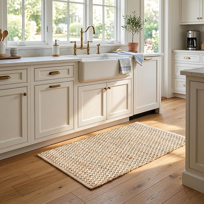 Jute Cotton Hand Woen Rug 2x3 Feet - Natural, Farmhouse Boho Neutral Fiber Floor Rugs Ideal for Entryway, Kitchen, Bedroom, Nursary Room | Beige Reversible Small Area Door Mat for Indoor Outdoor Use