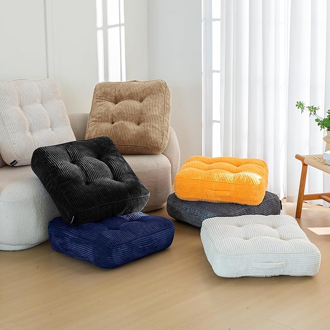 HIGOGOGO 6" Extra Thick Floor Pillow Cushion for Adults, Meditation Cushion Pillow, Large Square Floor Sitting, Tufted Corduroy Cover, for Tatami Living Room or Yoga, 22x22 Inch, Coffee