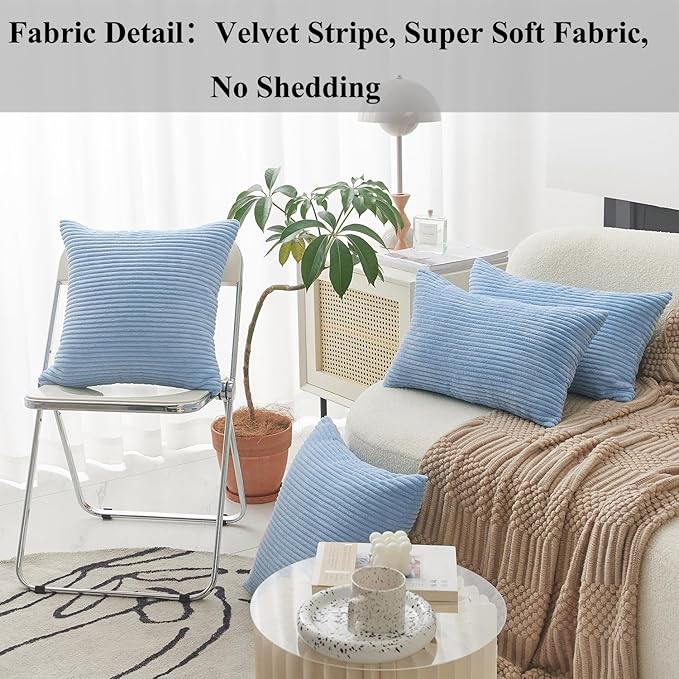 Home Brilliant Lumbar Pillow Covers 12x20 2 Pack Decorative Striped Corduroy Rectangle Cushion Covers Oblong Pillow Covers for Couch, 12 x 20 inch, Baby Boy Blue