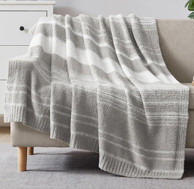 WRENGONGE Light Grey Throw Blanket, 50x70 Soft Cozy Striped Throw Blankets for Couch, Sofa, Bed, Travel, Lightweight Fluffy Warm Plush Decorative Blankets for Women, Men Gift