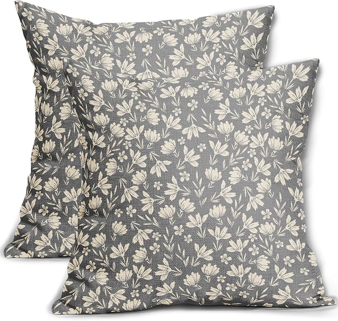 Grey Gray Pillow Covers 24x24 Set of 2 Vintage Floral Rustic Old Style Cute Flower Print Decorative Outdoor Pillowcases Seasonal Farmhouse Throw Cushion Case Decor for Couch Sofa Bed
