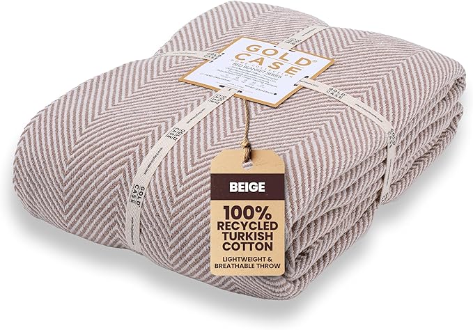 Gold Case Throw Blanket for Bed - 100% Recycled Turkish Cotton Blanket - Elegant Lightweight Soft Throw Blankets for Bed & Living Room - Twin Size Cozy Blankets - 71x90 - Beige