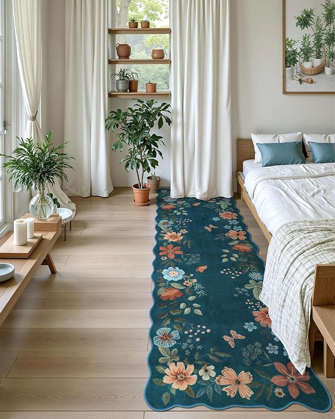Lahome Floral Washable Runner Rug, 2'6''x8' Soft Hallway Runner Rug Non Slip, Boho Ultra-Thin Kitchen Runners for Hallways with Rubber Backing Carpet for Laundry Bedroom Bathroom Flore (Navy Blue)