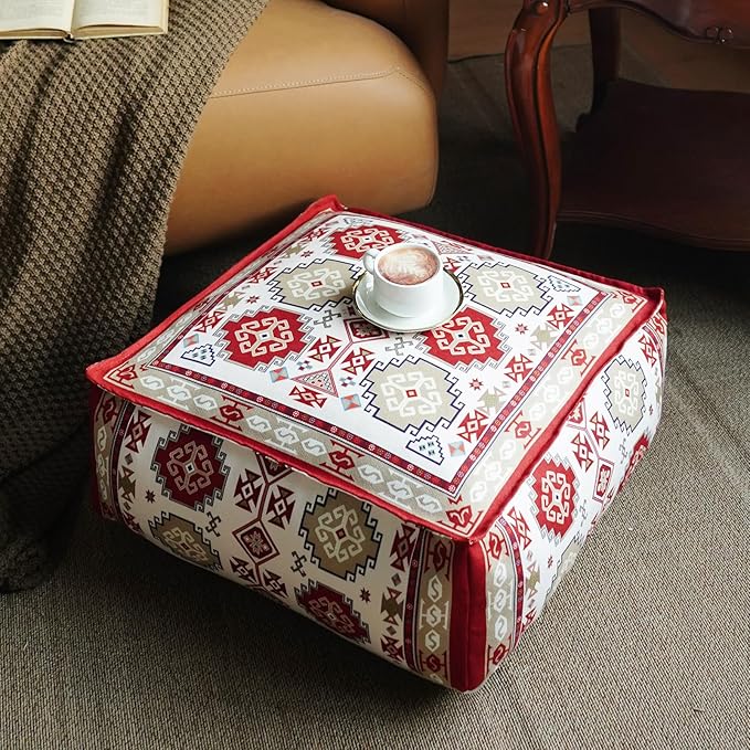 Unstuffed Pouf Cover Ottoman Footrest Bohemian Chenille Foot Stool Floor Bean Bag 20x20x8 Inches for Living Room Bedroom Home Decor (Red, Square)