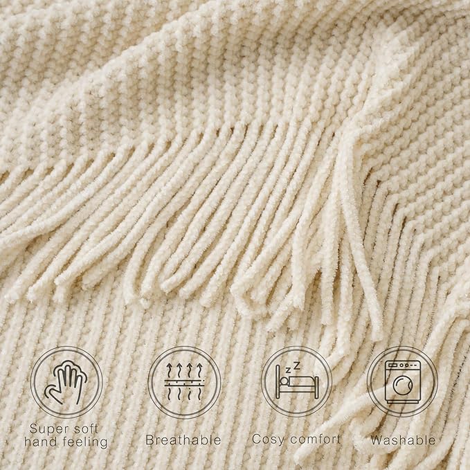 BATTILO HOME Beige Throw Blanket for Couch, Soft Chenille Knit Throws with Tassels for Home Decor, Spring Beige Throws for Couch Cover, 50"x60"