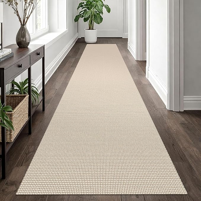 EARTHALL Woven Runner Rug 2.6x12 Ft Washable Runners for Hallways Extra Long Cotton Non Slip Rubber Backed Kitchen Runner Braided Indoor Floor Carpet for Entryway, Hall, Kitchen, Beige/Khaki
