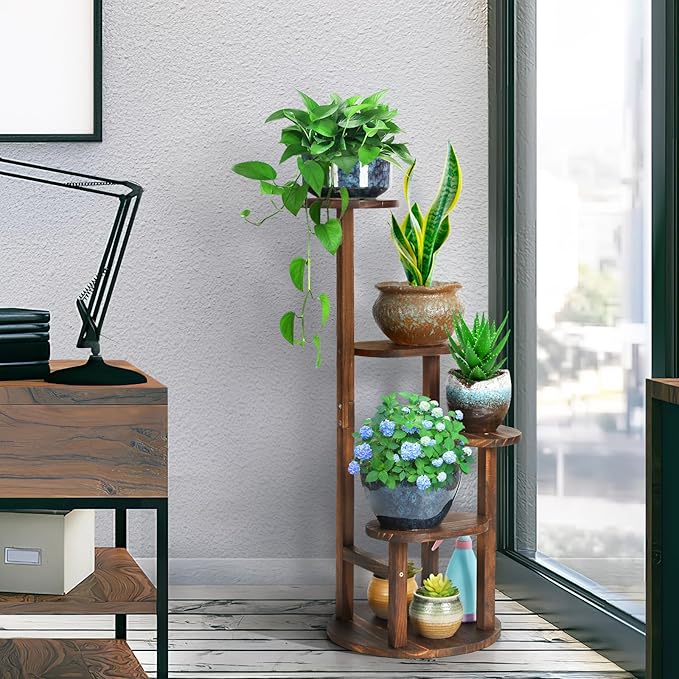 4 Tier Tall Plant Stand Indoor, Wood Corner Plant Shelf for Multiple Plants, Sturdy Oval Tiered Flower Pot Holder Display Rack for Living Room Balcony Patio,Carbonized Wood