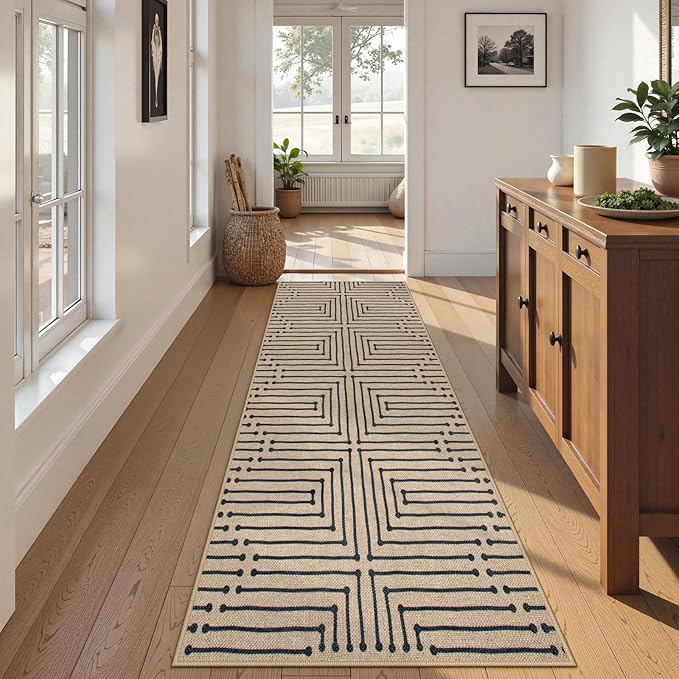 Lahome Maze Lines Easy Jute Runners for Hallways, 2x8 Washable Rug Runner Non Slip Stain Resistant, Farmhouse Low Pile Indoor Outdoor Carpet for Indoor Entryway Laundry Kitchen
