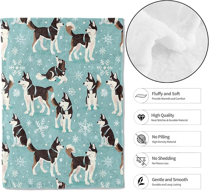 Snowy Husky Throw Blanket - 60x80in,Ultra Soft, Cozy Lightweight Flannel,Playful Puppy Dog & Snowflake Blankets - Gifts for Kids & Pet Lovers,for Couch Home Living Room Decor