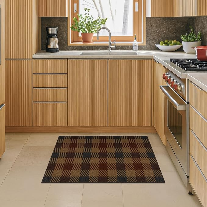 JTJ 2x3 Vintage Door Mats Indoor Entrance - Easy Jute Fall Rugs, Balcony, Kitchen, Mudroom, Washable Earthy Brown and Red Checkered Elegence Décor