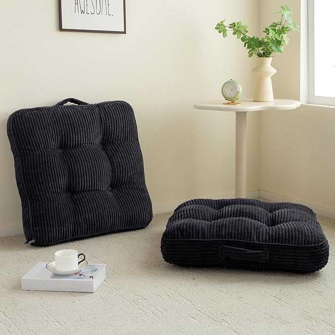 HIGOGOGO Floor Pillow Cushion for Adults, Meditation Cushion Pillow, Large Square Floor Sitting, Tufted Corduroy Cover, for Tatami Living Room or Yoga, 22x22 Inch, 2Pack, Black