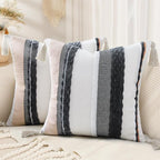 decorUhome Boho Decorative Throw Pillow Covers 18x18 Set of 2, Striped Chenille Tufted Pillow Covers with Tassels for Couch Bed Sofa, Cream White and Dark Grey