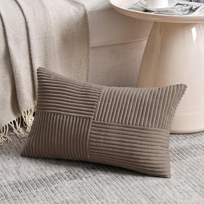 Fancy Homi Set of 2, Light Brown Patchwork Corduroy Decorative Soft Striped Modern Accent Cushion Case Farmhouse Boho Neutral Throw Pillow Covers for Chair Couch Bed Sofa Living Room 24x16 Inch