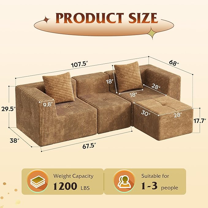 WLIVE 108'' Cloud Sectional Couches for Living Room, Modular Boneless Couch with Left Facing Chaise, L Shape Memory Foam Corduroy, with Ottoman, Brown