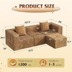 WLIVE 108'' Cloud Sectional Couches for Living Room, Modular Boneless Couch with Left Facing Chaise, L Shape Memory Foam Corduroy, with Ottoman, Brown