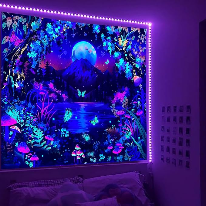 Blacklight Fantasy Forest Tapestry Moon Mountain Lake UV Reactive Tapestry Glow in the Dark Mushroom Tapestries Wall Hanging Galaxy Space Blacklight Tapestries for Bedroom Living Room Decor 51”x59”