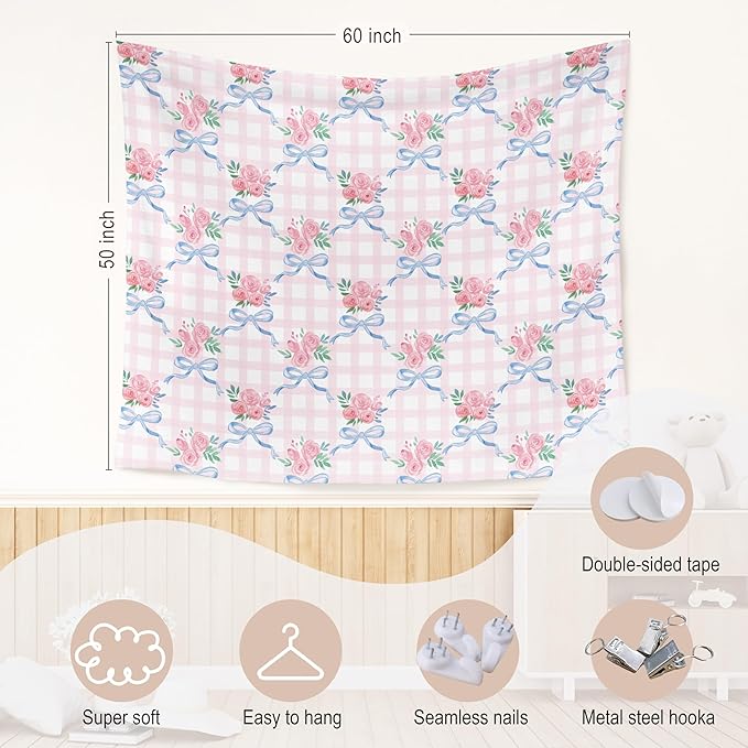 WARDOS Coquette Blue Bow Tapestry, Coquette Room Decor, Preppy Pink Rose Floral Tapestry, Cute Preppy Room Decor Teen Girls, Girly Bedroom Decor, Coquette Stuff, 50x60 Inch
