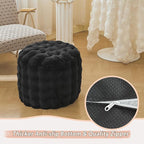 LIFEREVO Luxury Faux Rabbit Fur Round Inflatable Pouf Ottoman, 20 X 16 Fluffy Waffle Bubble Floor Poufs Foot Stool Rest Living Room Bedroom, Furry Pouf Ottoman Chair Seat Home Decor, Anti-Slip, Black