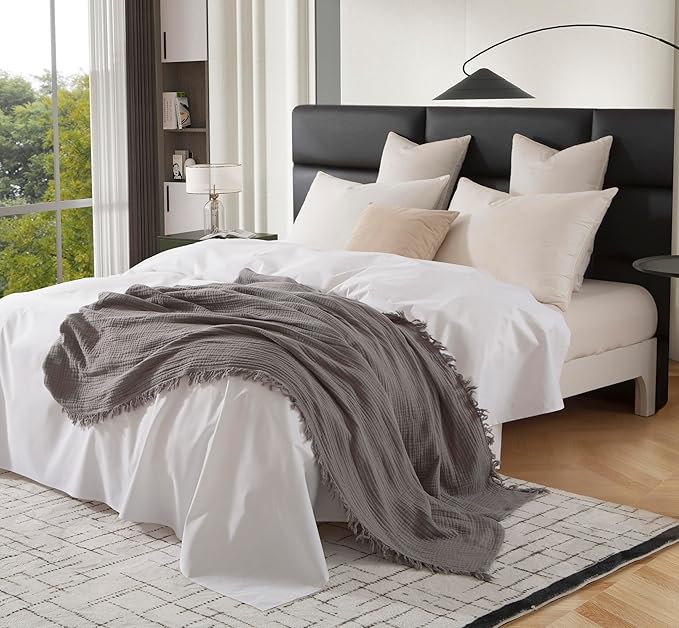 KyraHome 100% Cotton Throw Blanket for Couch, 60"x80" Large Muslin Blankets for Adults, Toddler, Plant-Dyed, Breathable Cozy Lightweight Fall Blanket, Picnic, Travel, All Season, Dark Grey