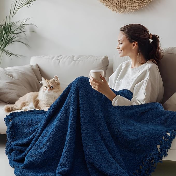 Throw Blanket for Couch, Navy Blue Luxury Knitted Throws 60"x80", Textured Blankets with Handmade Fringe Tassels for Bed Sofa Decorative, Chunky Soft Farmhouse Boho Home Decor