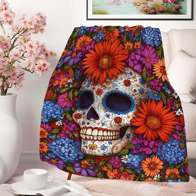 Sugar Skull Throw Blanket, Gift for Women and Men, Day of Dead Theme, Lightweight Fleece for Halloween Home Decor, Couch and Chair, 60x80 Inches