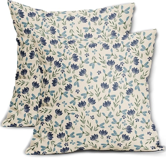 Green Teal Navy Blue Floral Pillow Covers 16x16 Set of 2 Vintage Rustic Old Style Cute Small Flower Print Decorative Outdoor Pillowcases Farmhouse Throw Cushion Case Decor for Couch Sofa Bed