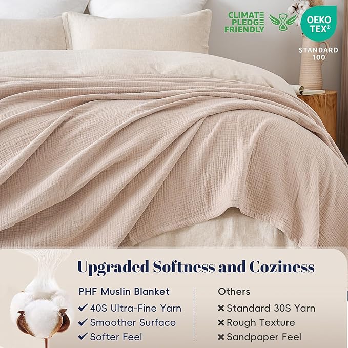 PHF 100% Cotton Muslin Blanket King Size 108"x90", 4-Layer Lightweight Gauze Throw, Breathable Cloud-Soft Minimalist Blanket for Bed, Couch, Camping & Baby, Dusty Pink, Ideal Gift