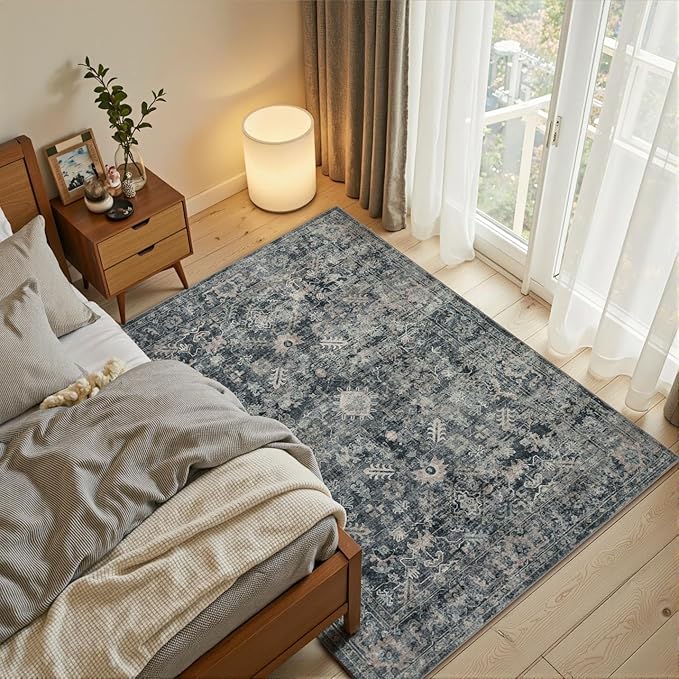 3x5 Rug for Entryway Bedroom, Blue 3x5 Washable Area Rug, Vintage Retro Boho Throw Rug, Non Slip & Low Pile Small Carpet for Indoor Kitchen, Bedside, Living Room, Bathroom and Dining