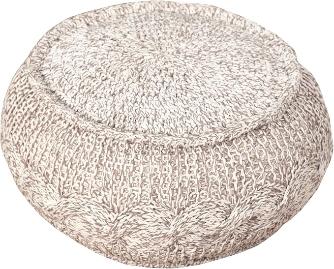 L. R. Resources, Inc. LR Home Beige/White Cable Knit Cotton Pouf for Home Decor | Hand Made Modern Foot Rest for Bedroom & Living Room Décor | 20 x 20 x 12 Stuffed Pouf for Seating
