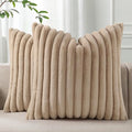Pallene Faux Fur Plush Throw Pillow Covers 18x18 Set of 2, Luxury Soft Fluffy Striped Decorative Pillow Covers for Sofa, Couch, Living Room, Khaki