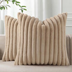 Pallene Faux Fur Plush Throw Pillow Covers 20x20 Set of 2, Luxury Soft Fluffy Striped Decorative Pillow Covers for Sofa, Couch, Living Room, Khaki