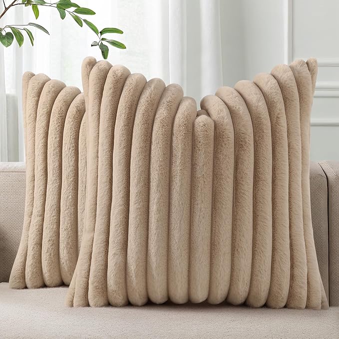 Pallene Faux Fur Plush Throw Pillow Covers 20x20 Set of 2, Luxury Soft Fluffy Striped Decorative Pillow Covers for Sofa, Couch, Living Room, Khaki