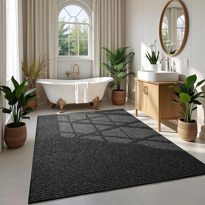 Softlife 5x7 Rugs for Living Room Faux Jute Area Rug Washable Modern Bedroom Rugs Large Non-Slip Farmhouse Floor Carpet for Dining Room Hallway Office Kitchen Entryway, Black