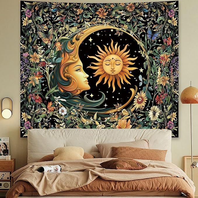 Apdidl Sun and Moon Hippie Decor Tapestry for Bedroom, Boho Hippy Mystic Floral Tapestries Wall Hanging Aesthetic, Vintage Mandala Plants Moon Cute Backdrop Wall Decor for Living Room Dorm 60"X79"