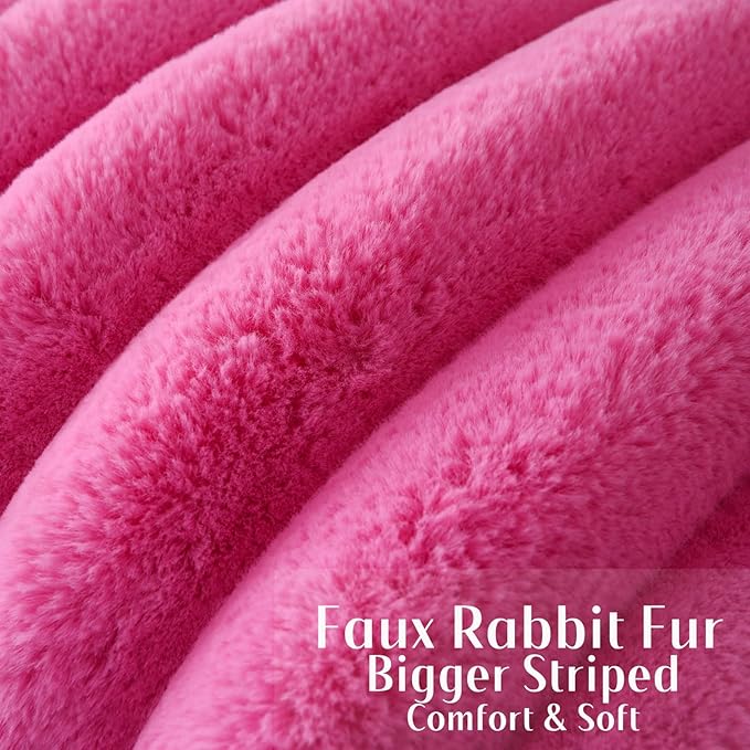 FUTEI Hot Pink Decorative Throw Pillow Covers 18x18 Inch Set of 2, Square Soft Faux Rabbit Fur Thick Striped Cushion Cover,Spring Home Decor for Couch Bed Living Room